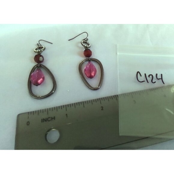 Vintage Pink Beaded Dangle Earrings With Metal Oval Frame - Picture 3 of 3